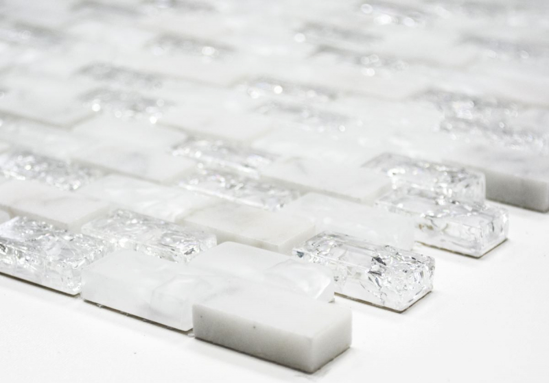 Muestra de mano mosaico azulejo azulejo backsplash translúcido blanco ladrillo vidrio mosaico cristal piedra blanco MOS87-0111_m