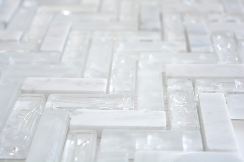 Muestra de mano mosaico azulejo blanco translúcido espina de pescado mosaico de vidrio Cristal piedra blanco MOS87HB-0111_m