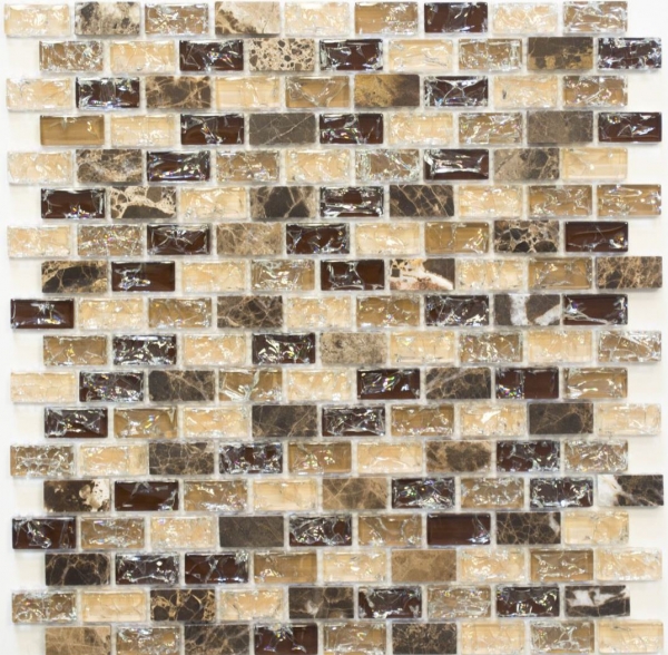 Muestra de mano mosaico azulejo backsplash translúcido beige oscuro ladrillo vidrio mosaico cristal piedra emperador oscuro MOS87-B1155_m