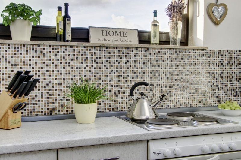 Mosaico de vidrio de piedra natural mosaico de azulejos de color beige claro cantera de vidrio de mármol marrón claro beige crema azulejos backsplash baño - MOS92-1053