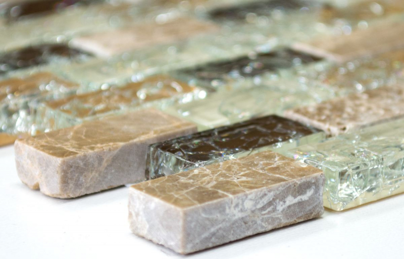 Muestra de mano mosaico azulejo azulejo backsplash translúcido luz beige ladrillo vidrio mosaico cristal piedra emperador luz MOS87-B1153_m