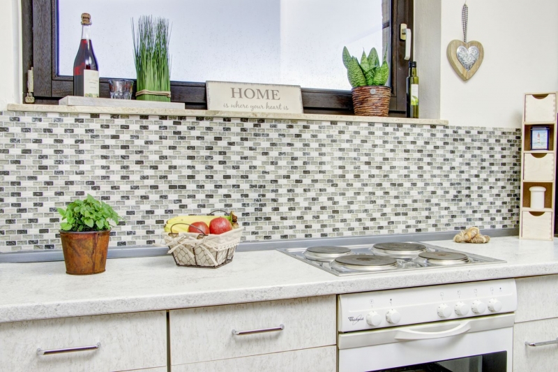 Barras de mosaico compuesto de piedra natural mosaico de azulejos gris verde beige ladrillo mosaico de vidrio de cantera de vidrio de mármol azulejo backsplash pared de la cocina - MOS87-B1152