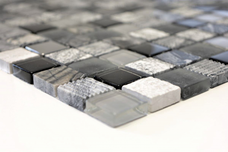 Muestra de mano azulejo mosaico Azulejo backsplash Gris translúcido negro Mosaico de vidrio Piedra de cristal EP gris negro plata MOS83-HQ24_m