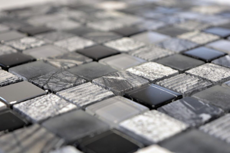 Muestra de mano azulejo mosaico Azulejo backsplash Gris translúcido negro Mosaico de vidrio Piedra de cristal EP gris negro plata MOS83-HQ24_m