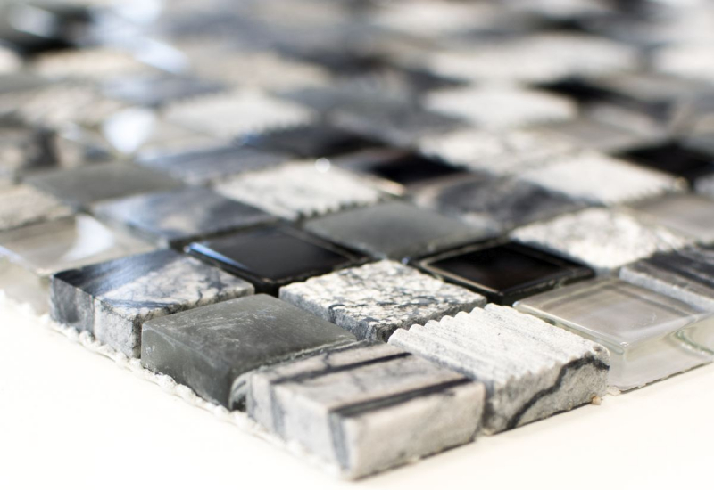 Muestra de mano azulejo mosaico Azulejo backsplash Gris translúcido negro Mosaico de vidrio Piedra de cristal EP gris negro plata MOS83-HQ24_m
