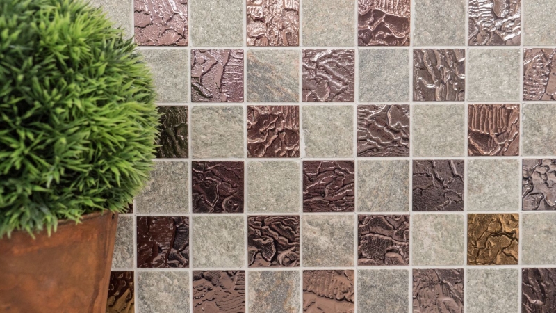 Piedra natural mosaico rústico azulejo mosaico de vidrio cuarcita gris antracita marrón cobre cocina splashback azulejo espejo baño WC - MOS88-CR73