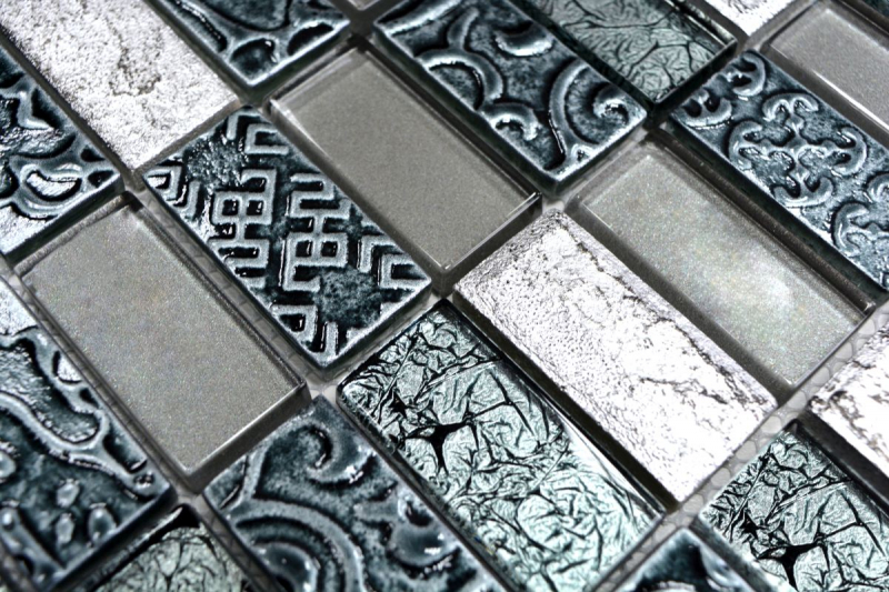 Muestra de mano mosaico azulejo espejo plata translúcido rectángulo vidrio mosaico cristal piedra retro plata MOS83-CRS2_m