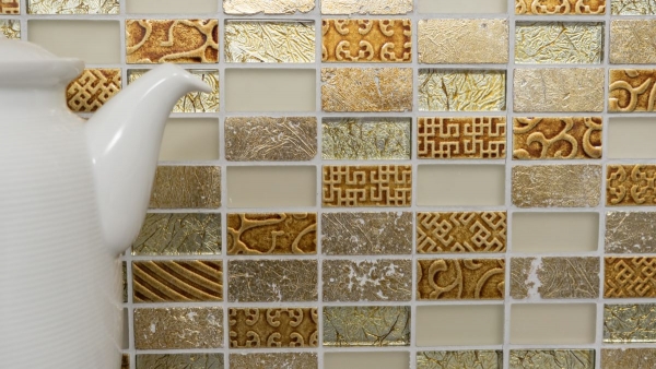 Muestra de mano mosaico azulejo espejo oro translúcido rectángulo vidrio mosaico cristal piedra retro oro MOS83-CRS4_m