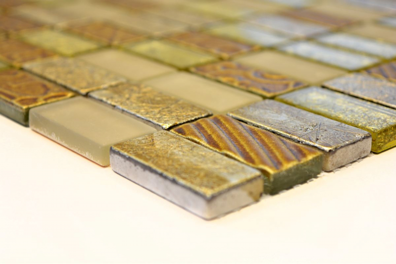 Muestra de mano mosaico azulejo espejo oro translúcido rectángulo vidrio mosaico cristal piedra retro oro MOS83-CRS4_m