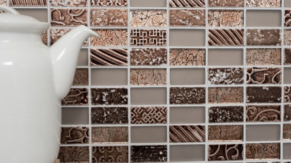 Muestra de mano mosaico azulejo espejo translúcido marrón rectángulo vidrio mosaico cristal piedra retro marrón MOS83-CRS6_m