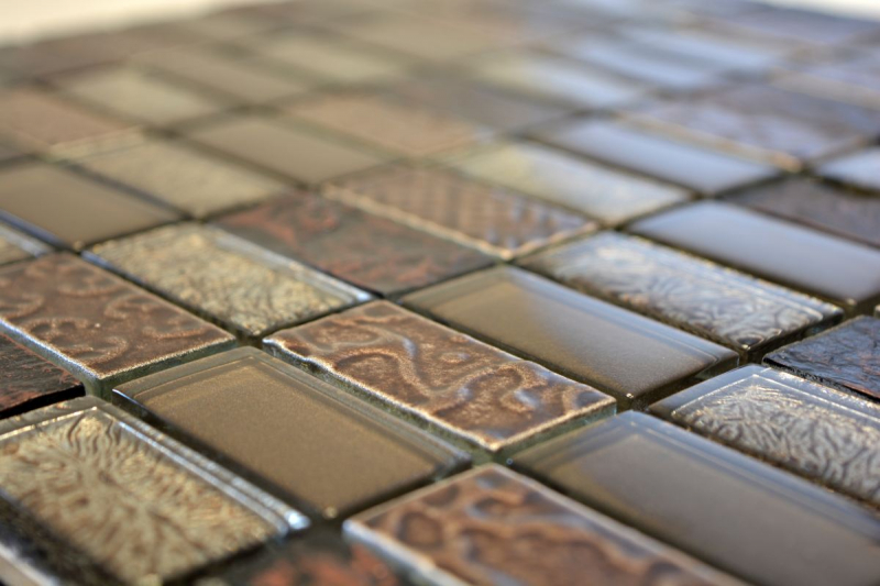 Muestra de mano mosaico azulejo espejo translúcido marrón rectángulo vidrio mosaico cristal piedra retro marrón MOS83-CRS6_m
