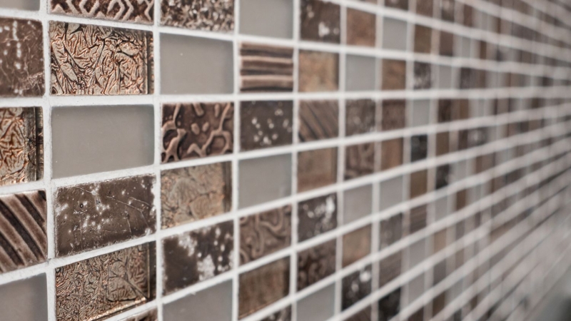Tira rectángulo azulejos de mosaico de vidrio mosaico de piedra retro marrón bronce beige estructura revestimiento de pared cuarto de baño WC - MOS83-CRS6