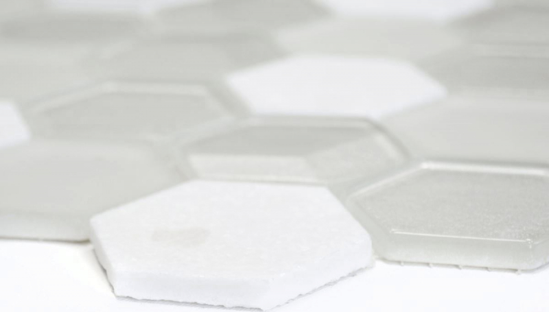 Muestra de mano azulejo mosaico Azulejo backsplash Blanco translúcido Hexágono mosaico de vidrio Piedra de cristal 3D blanco MOS11D-HXN11_m