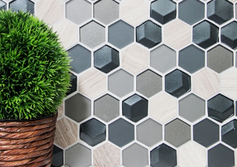 Piedra natural mosaico de vidrio azulejos de mosaico hexagonal antracita gris claro gris rayas azulejo backsplash revestimiento de paredes cuarto de baño - MOS11D-22