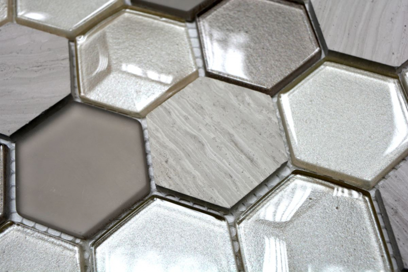Muestra de mano mosaico azulejo Azulejo backsplash Gris claro translúcido Hexágono mosaico de vidrio Piedra de cristal 3D gris claro MOS11D-44_m