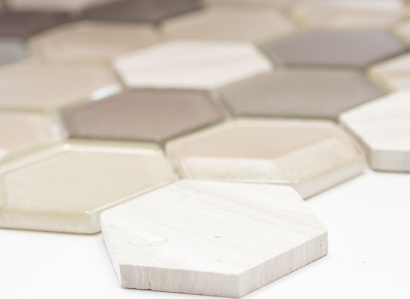 Muestra de mano mosaico azulejo Azulejo backsplash Gris claro translúcido Hexágono mosaico de vidrio Piedra de cristal 3D gris claro MOS11D-44_m