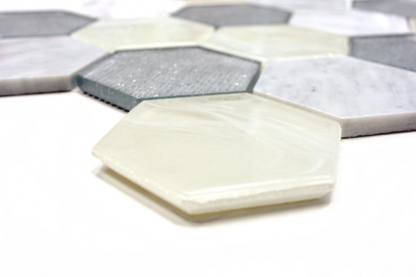 Muestra de mano mosaico azulejo Translúcido gris plata Hexágono mosaico de vidrio Piedra de cristal gris plata MOS11E-88_m