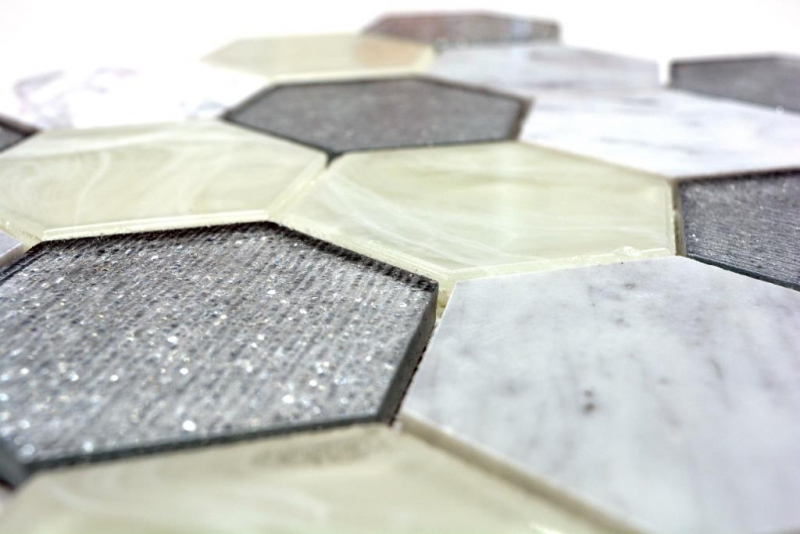 Muestra de mano mosaico azulejo Translúcido gris plata Hexágono mosaico de vidrio Piedra de cristal gris plata MOS11E-88_m