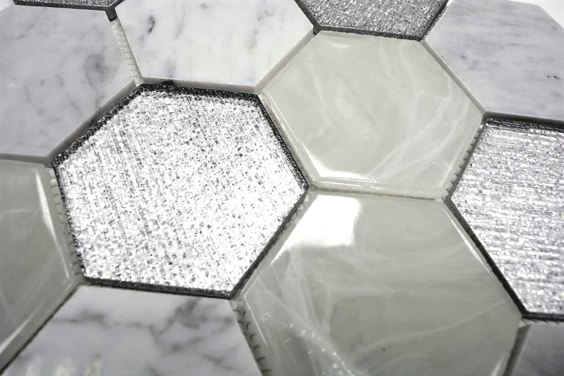 Muestra de mano mosaico azulejo Translúcido gris plata Hexágono mosaico de vidrio Piedra de cristal gris plata MOS11E-88_m