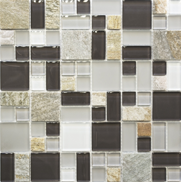 Muestra de mano mosaico azulejo azulejo backsplash translúcido gris marrón combinación vidrio mosaico Crystal piedra gris marrón MOS88-0206_m