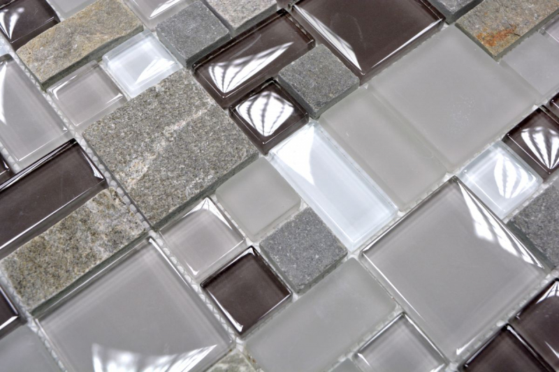 Muestra de mano mosaico azulejo azulejo backsplash translúcido gris marrón combinación vidrio mosaico Crystal piedra gris marrón MOS88-0206_m