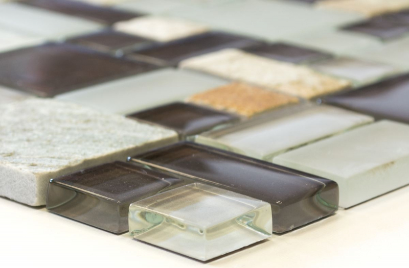 Muestra de mano mosaico azulejo azulejo backsplash translúcido gris marrón combinación vidrio mosaico Crystal piedra gris marrón MOS88-0206_m