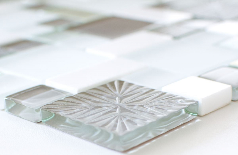 Muestra de mano mosaico azulejo Azulejo backsplash translúcido blanco gris combinación mosaico de vidrio Cristal piedra blanco gris blanco mate MOS88-MC659_m
