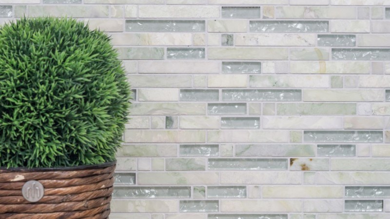 Mosaico de vidrio azulejos de mosaico de piedra natural crema blanco verdoso con brillo azulejo de la pared cocina cuarto de baño aseo - MOS87-MV738