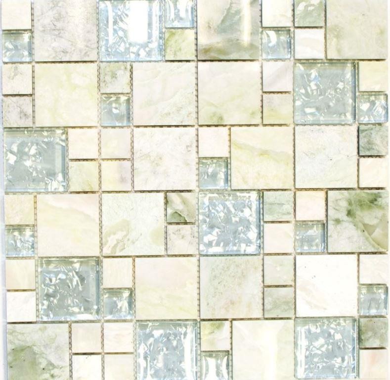 Muestra de mano mosaico azulejo oro translúcido verde claro combinación vidrio mosaico cristal piedra ónix oro MOS88-MC639_m
