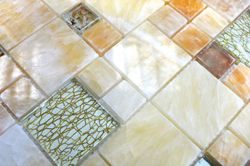 Mosaico de azulejos de cocina splashback translúcido ámbar oro combinación de vidrio mosaico de cristal de piedra ónix elegancia oro MOS88-MC649_f
