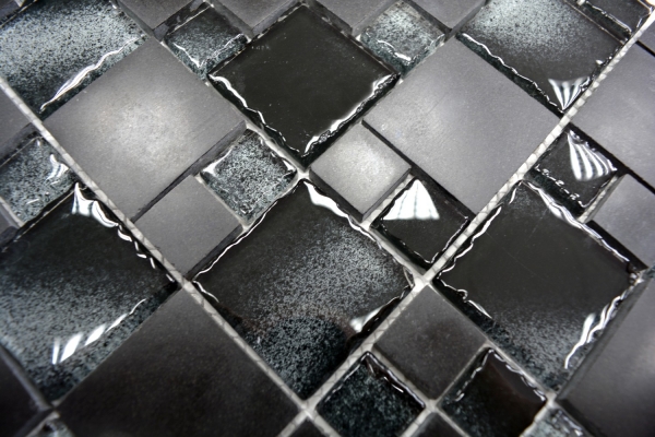 Muestra de mano mosaico azulejo translúcido negro combinación vidrio mosaico cristal piedra negro borde roto MOS88-0304_m