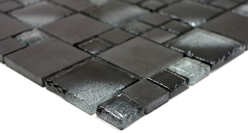 Muestra de mano mosaico azulejo translúcido negro combinación vidrio mosaico cristal piedra negro borde roto MOS88-0304_m