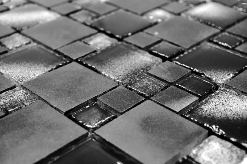 Muestra de mano mosaico azulejo translúcido negro combinación vidrio mosaico cristal piedra negro borde roto MOS88-0304_m