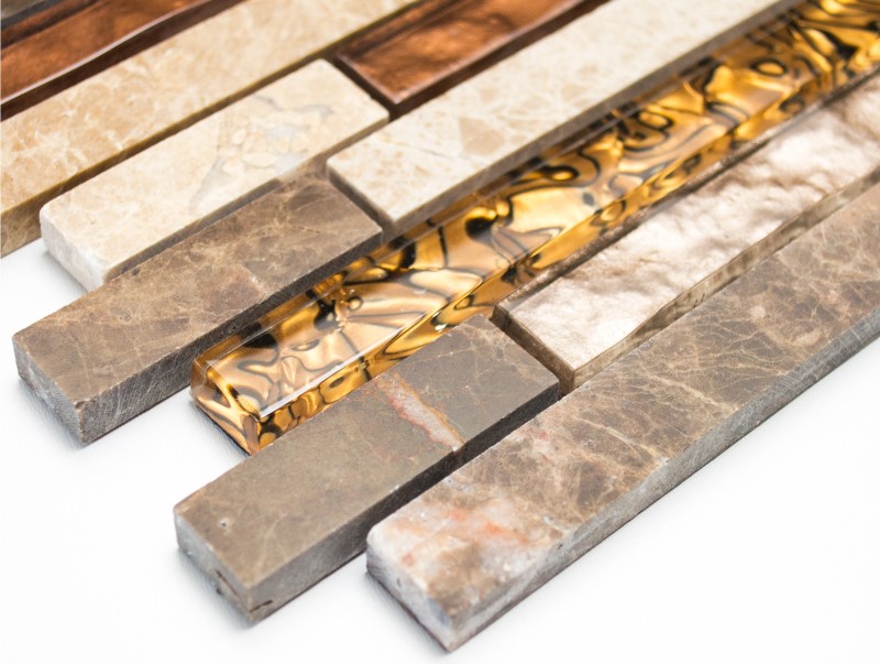 Mosaico de vidrio de piedra natural varillas de mosaico de vidrio azulejos beige crema marrón mármol azulejo backsplash cocina cuarto de baño aseo - MOS86-1302