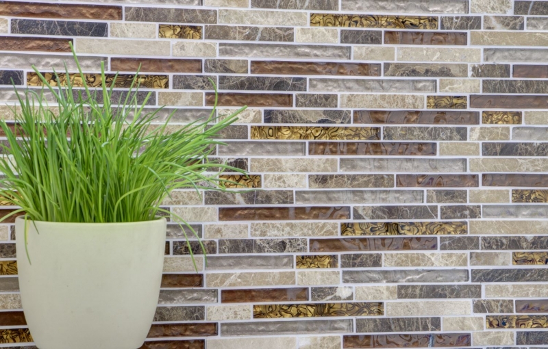 Mosaico de vidrio de piedra natural varillas de mosaico de vidrio azulejos beige crema marrón mármol azulejo backsplash cocina cuarto de baño aseo - MOS86-1302