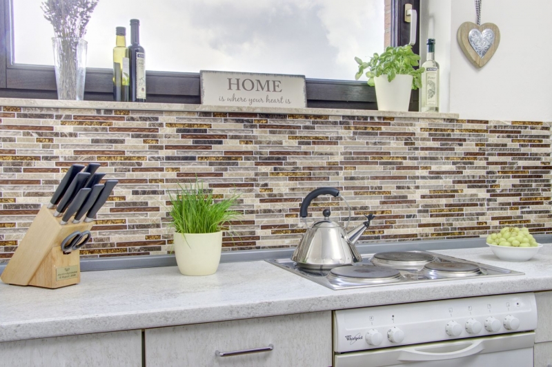 Mosaico de vidrio de piedra natural varillas de mosaico de vidrio azulejos beige crema marrón mármol azulejo backsplash cocina cuarto de baño aseo - MOS86-1302