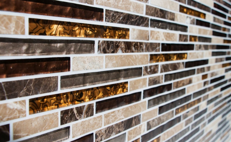 Mosaico de vidrio de piedra natural varillas de mosaico de vidrio azulejos beige crema marrón mármol azulejo backsplash cocina cuarto de baño aseo - MOS86-1302
