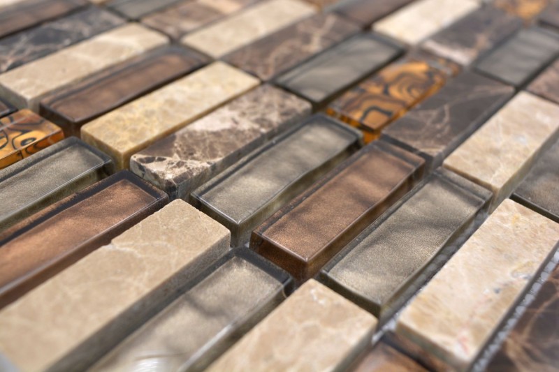 Tira de azulejos de mosaico de vidrio de mosaico de color beige marrón crema naranja piedra natural de mármol pared cocina cuarto de baño aseo - MOS87-1310