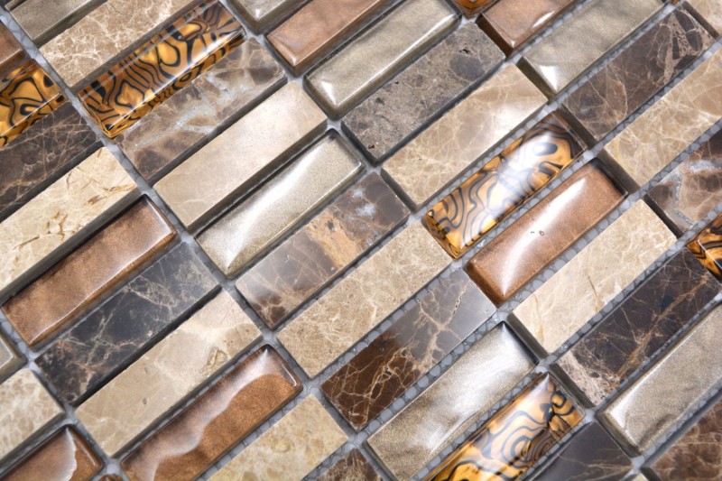 Tira de azulejos de mosaico de vidrio de mosaico de color beige marrón crema naranja piedra natural de mármol pared cocina cuarto de baño aseo - MOS87-1310