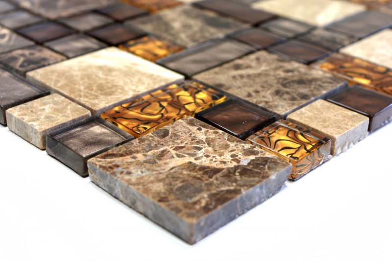 Muestra de mano mosaico azulejo translúcido beige marrón combinación vidrio mosaico cristal piedra beige marrón MOS88-1303_m