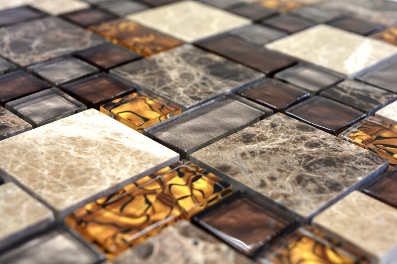 Muestra de mano mosaico azulejo translúcido beige marrón combinación vidrio mosaico cristal piedra beige marrón MOS88-1303_m