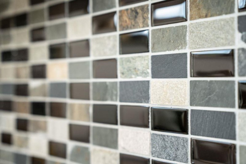 Mosaico rectangular azulejos de mosaico de vidrio beige negro antracita piedra azulejos backsplash cocina backsplash baño WC - MOS87-1312
