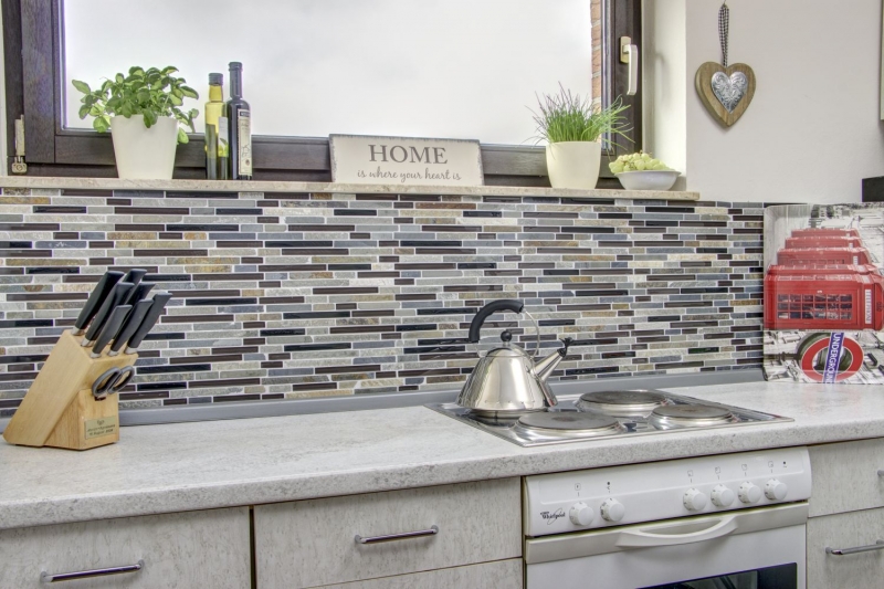 Mosaico de vidrio azulejos de mosaico de piedra natural beige marrón gris negro antracita backsplash azulejos de la pared - MOS86-0206