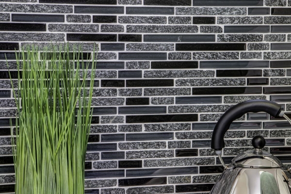 Muestra de mano mosaico azulejo azulejo backsplash translúcido gris negro compuesto vidrio mosaico Crystal piedra gris negro MOS86-0208_m