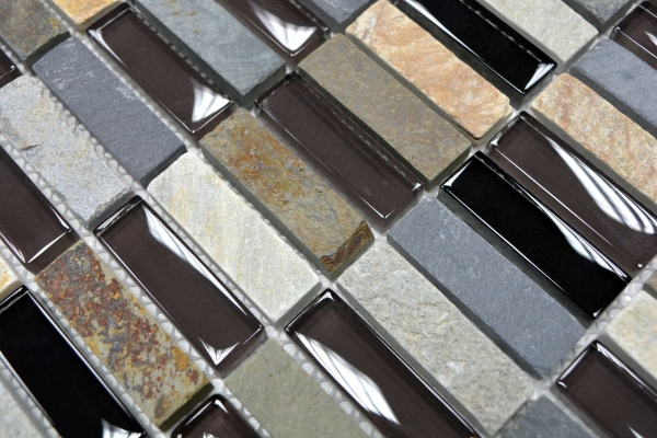 Muestra de mano mosaico azulejo translúcido beige marrón gris negro varillas vidrio mosaico cristal piedra MOS87-1313_m