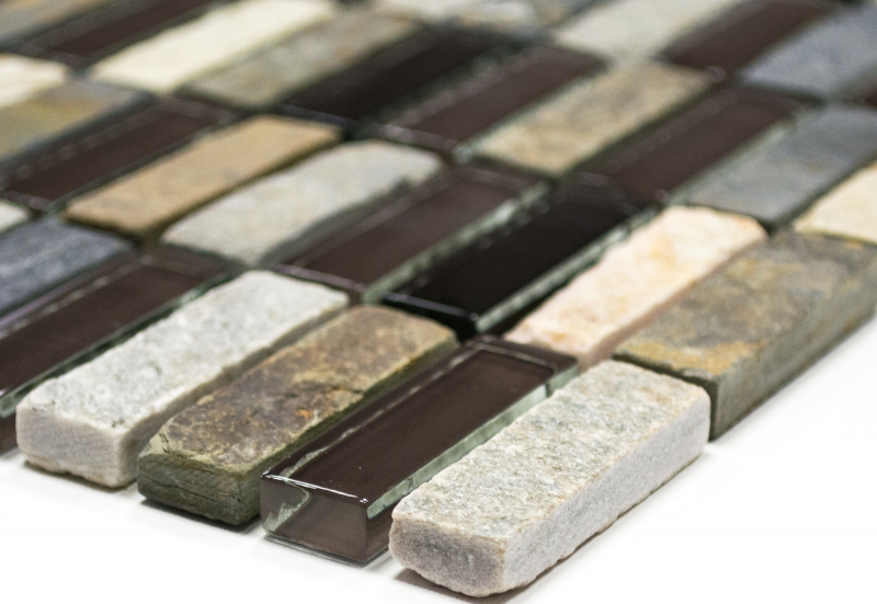 Muestra de mano mosaico azulejo translúcido beige marrón gris negro varillas vidrio mosaico cristal piedra MOS87-1313_m