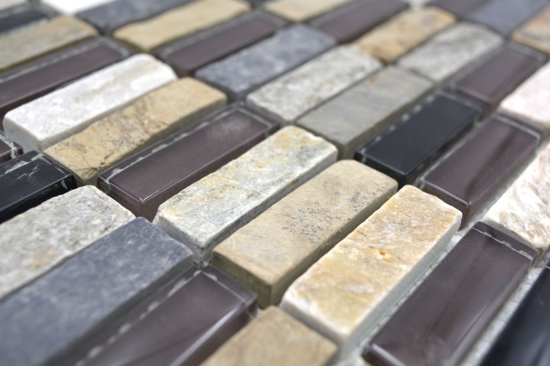 Rectángulo azulejos de mosaico de vidrio mosaico tiras beige marrón gris negro piedra natural azulejo backsplash pared baño cocina - MOS87-1313