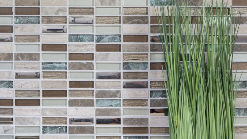 Rectángulo azulejos de mosaico de vidrio varillas de mosaico de color marrón claro gris plata piedra natural mármol azulejo backsplash pared de la cocina - MOS87-SM68