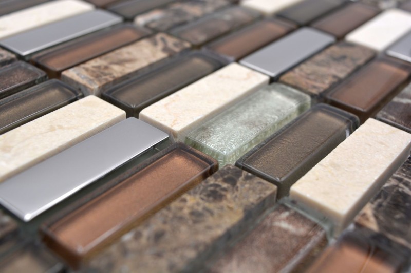 Rectángulo azulejos de mosaico de vidrio de mosaico de vidrio barras de color marrón plata beige piedra natural azulejo de mármol backsplash pared baño cocina - MOS87-SM78