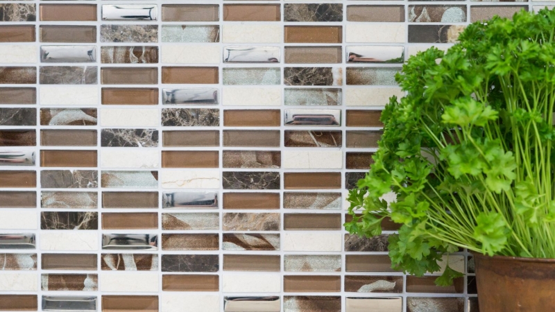 Rectángulo azulejos de mosaico de vidrio de mosaico de vidrio barras de color marrón plata beige piedra natural azulejo de mármol backsplash pared baño cocina - MOS87-SM78